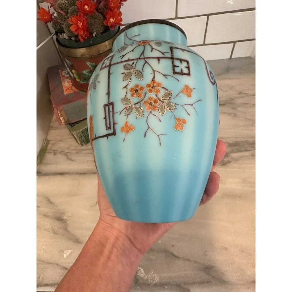 Gorgeous Antique Cased Satin Blue Glass Vase Raised Art Deco Bird Flowers